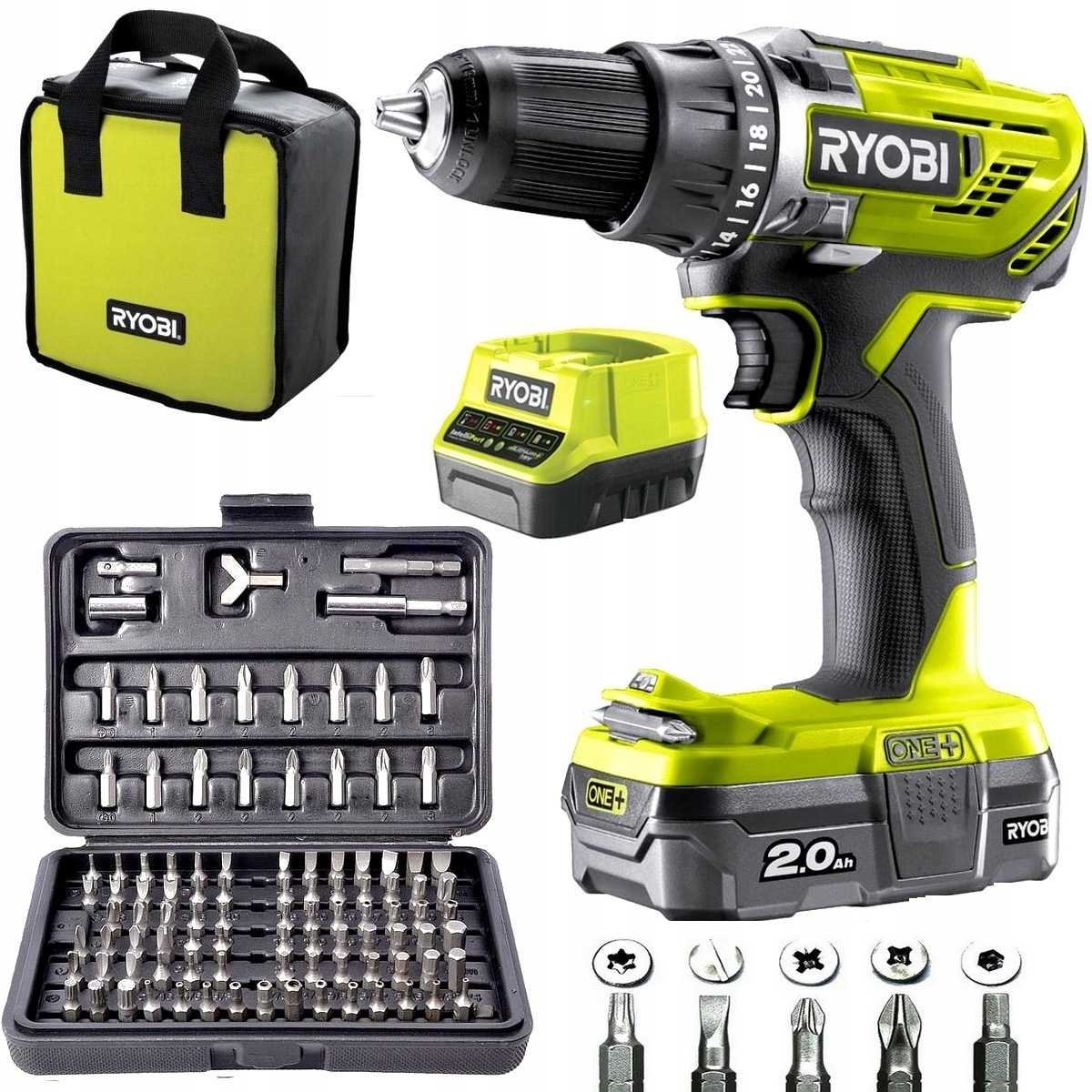 Wiertarko-wkrętarka Ryobi 18V 1x aku 2Ah Mocna 50 Nm Torba Zestaw 100 el