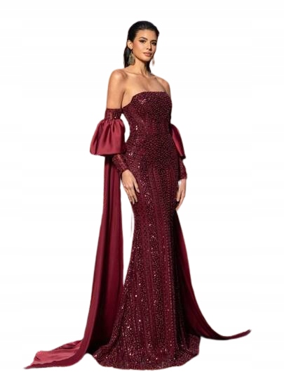 Shein Bordó Dámská Večerní Šaty S Flitry A Bufíky, Velikost XL 1JO
