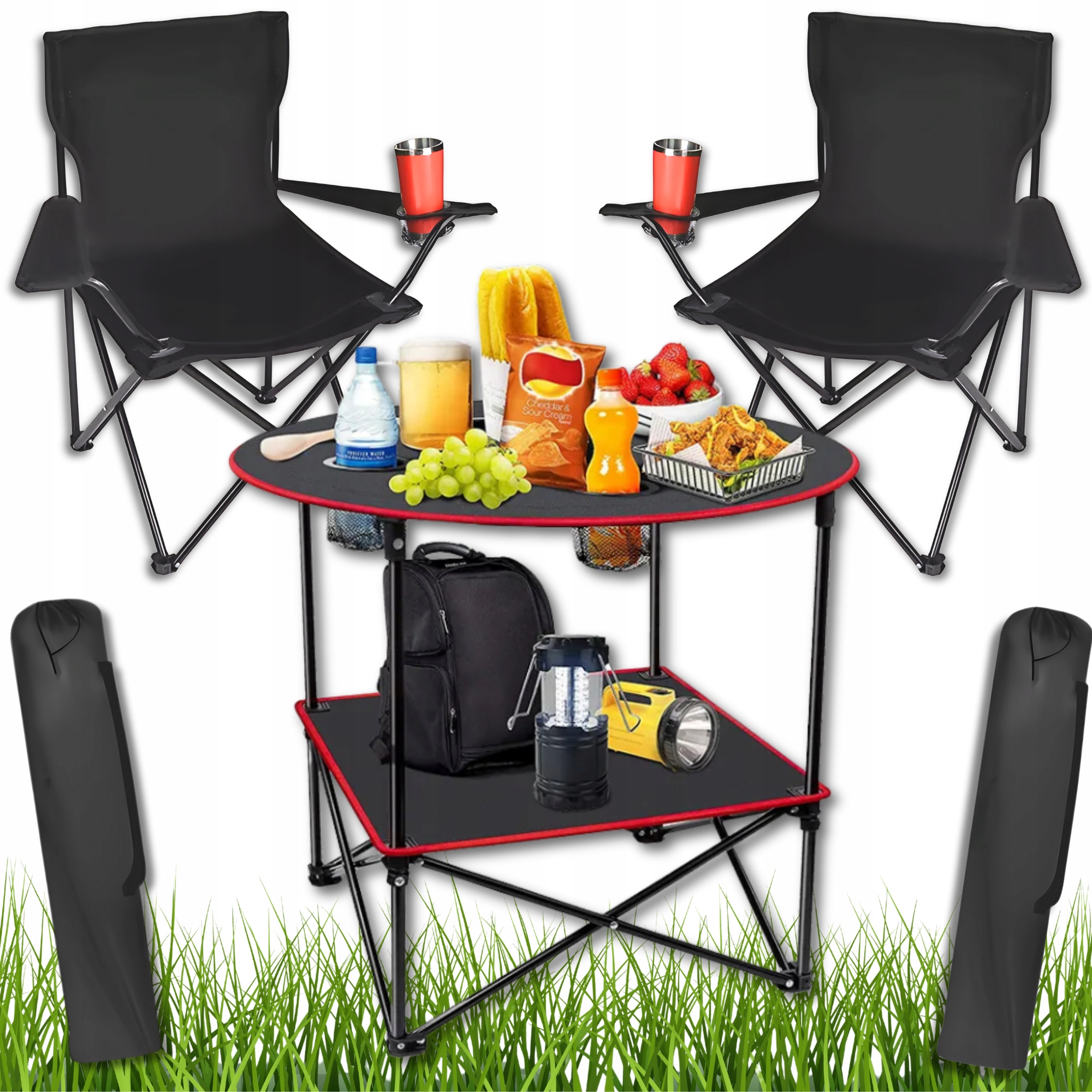 Sada Skládacího Turistického Stolku 2 Skládací Kempingové Židle Černá