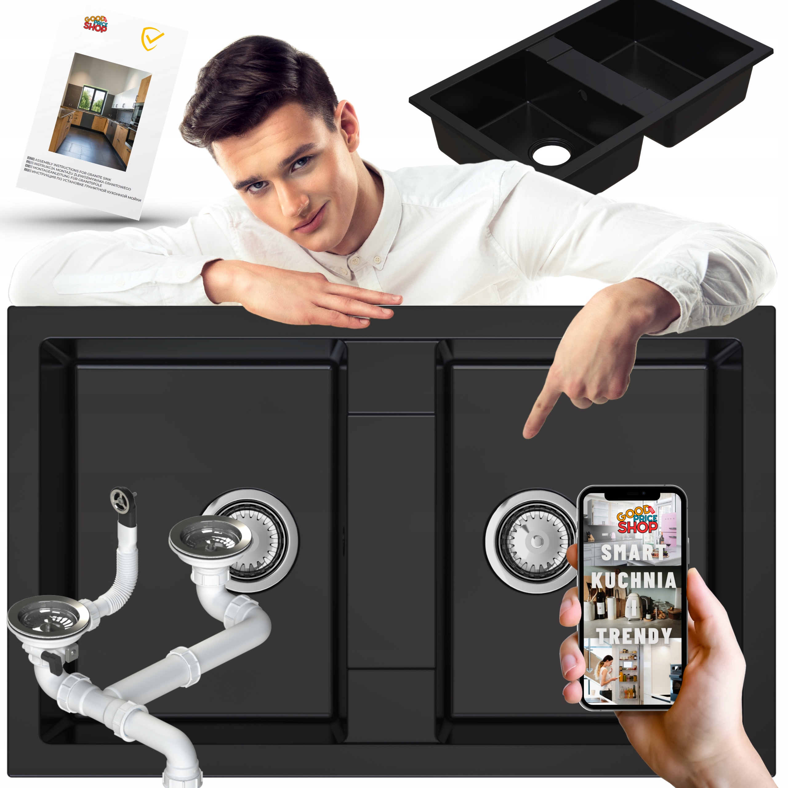 Granitový Dřez Dvoukomorový 2-kom Černý Kuchyňský sifon manuální Bonus