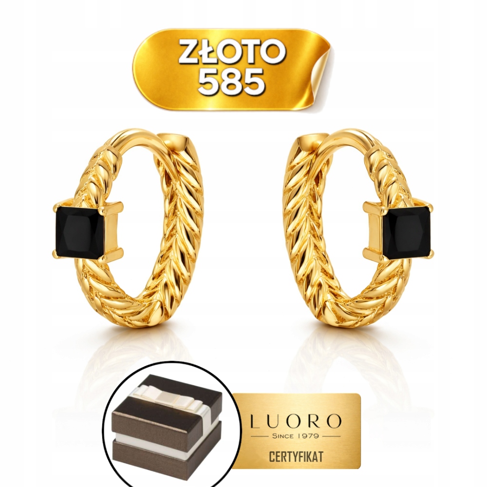 Náušnice Zlaté 585 14K, Pletená Kola S Černým Kamenem, Průměr 12 MM