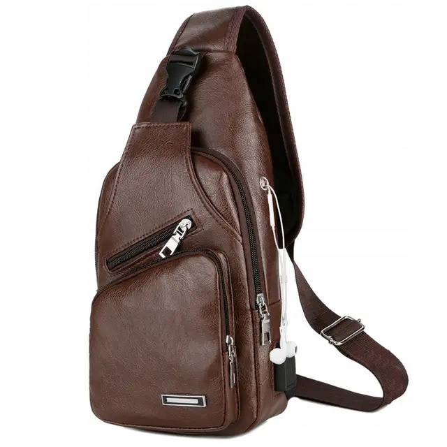 MĘSKA TORBA NA RAMIĘ Z WYJŚCIEM USB - BRĄZOWA