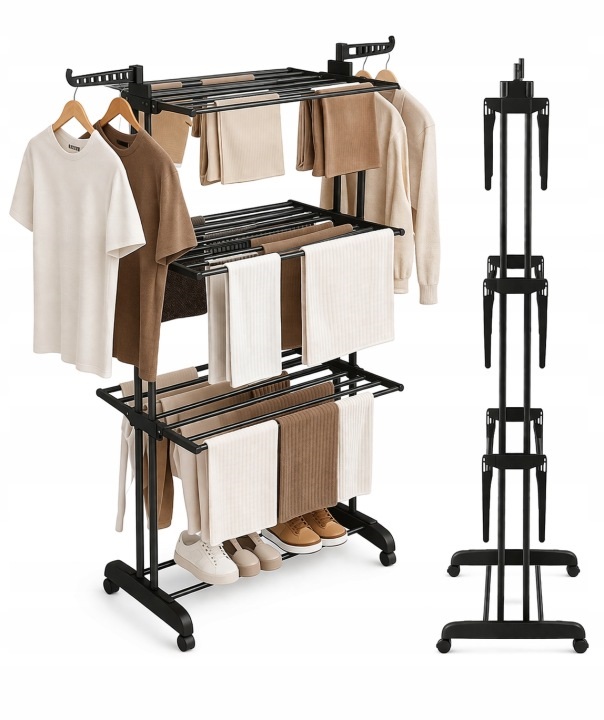 Sušák na prádlo svislý Trees 3 úrovně na kolečkách skládací 170cm černý