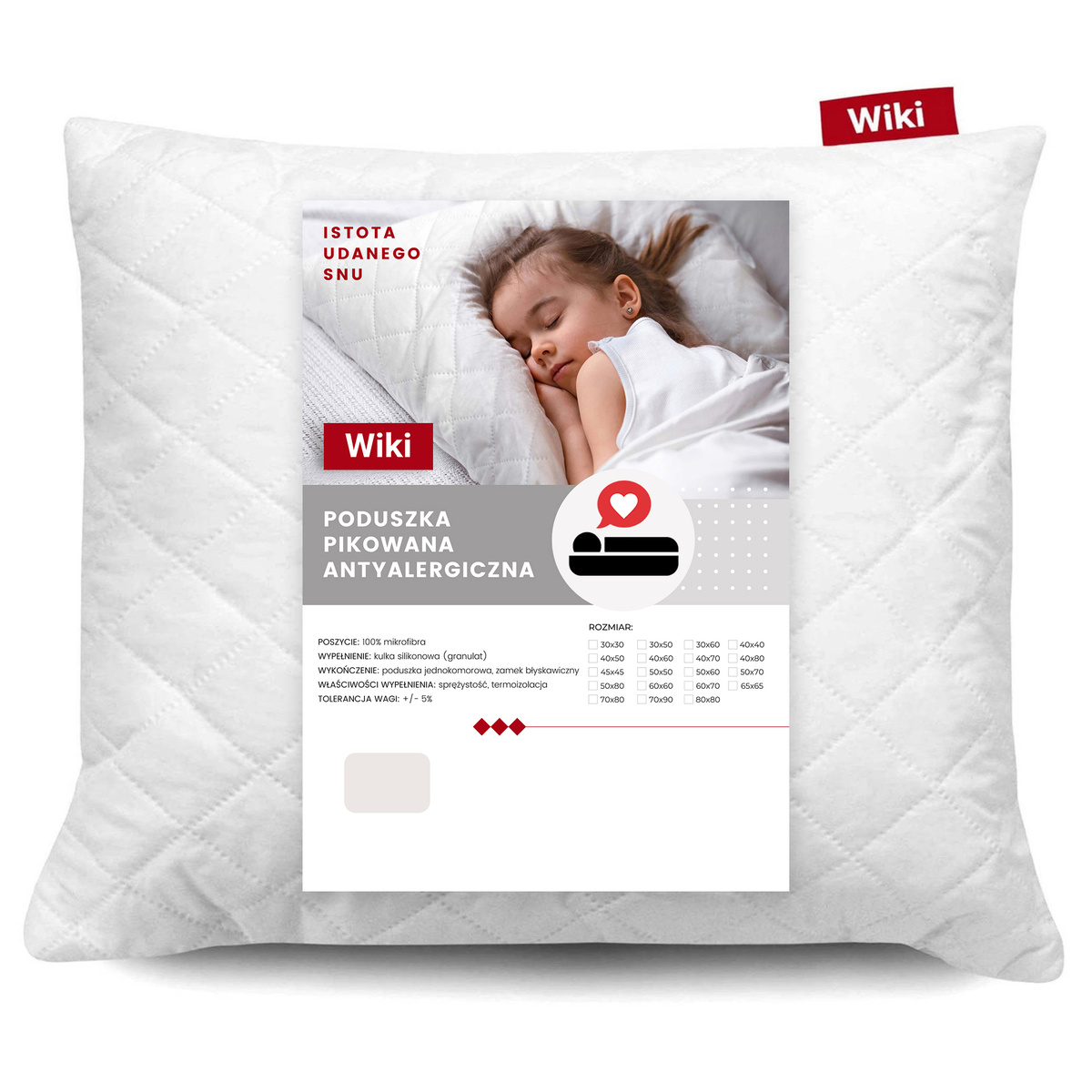 Poduszka do Spania Pikowana z Suwakiem Antyalergiczna WIKI 70x80