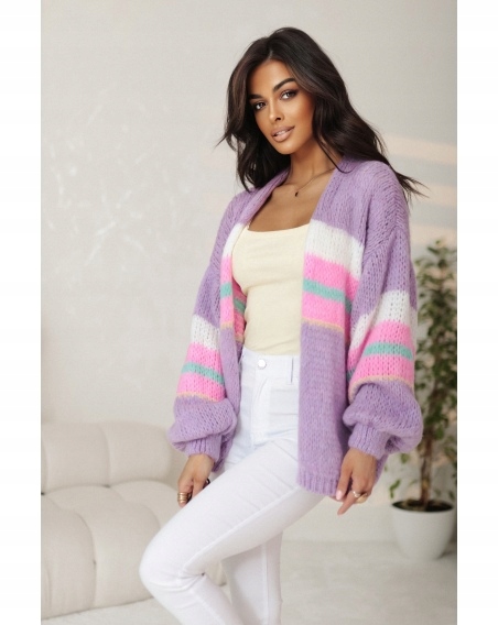 Dámský kardigan Oversize Vlna Akryl Lila Módní Svetr Přehoz Pásy