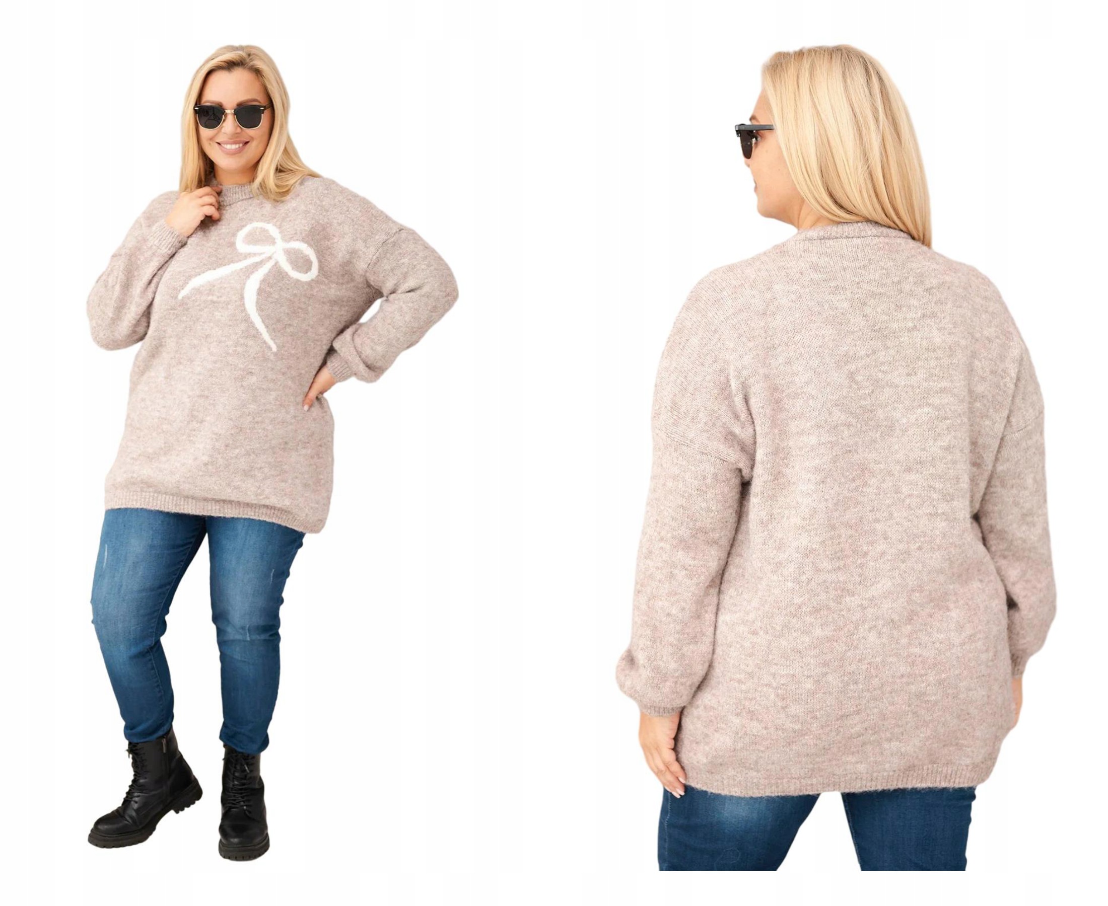 Dámský svetr plus size s mašličkou, dlouhý, s přídavkem italské vlny, fango