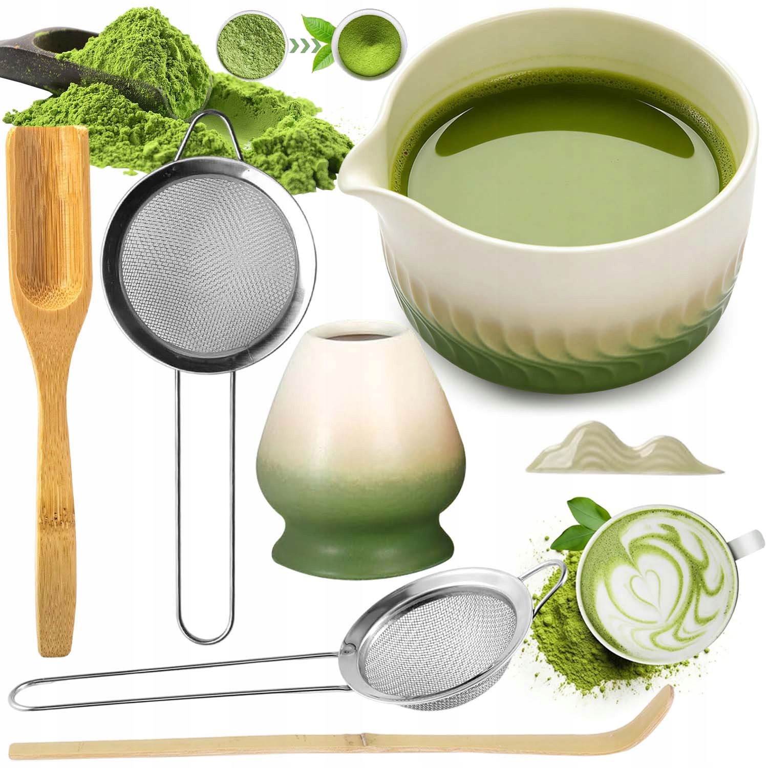 Ceramika Zestaw Do Robienia Matchy Trzepaczka Łyżka Przesiewacz Matcha 7W1
