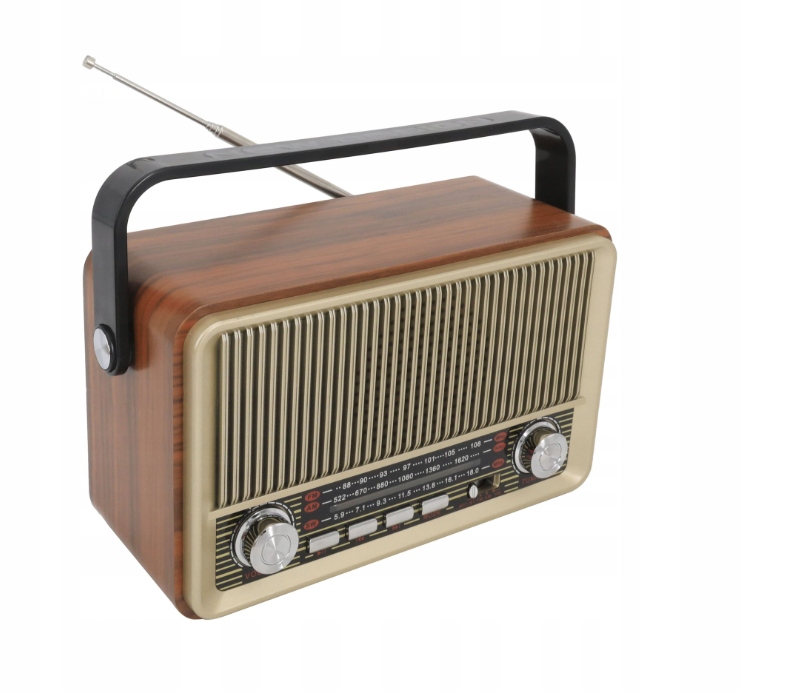 MK-622 Przenośne drewniane Radio Retro Bluetooth FM AM akumulator USB pilot Szerokość produktu 25 cm