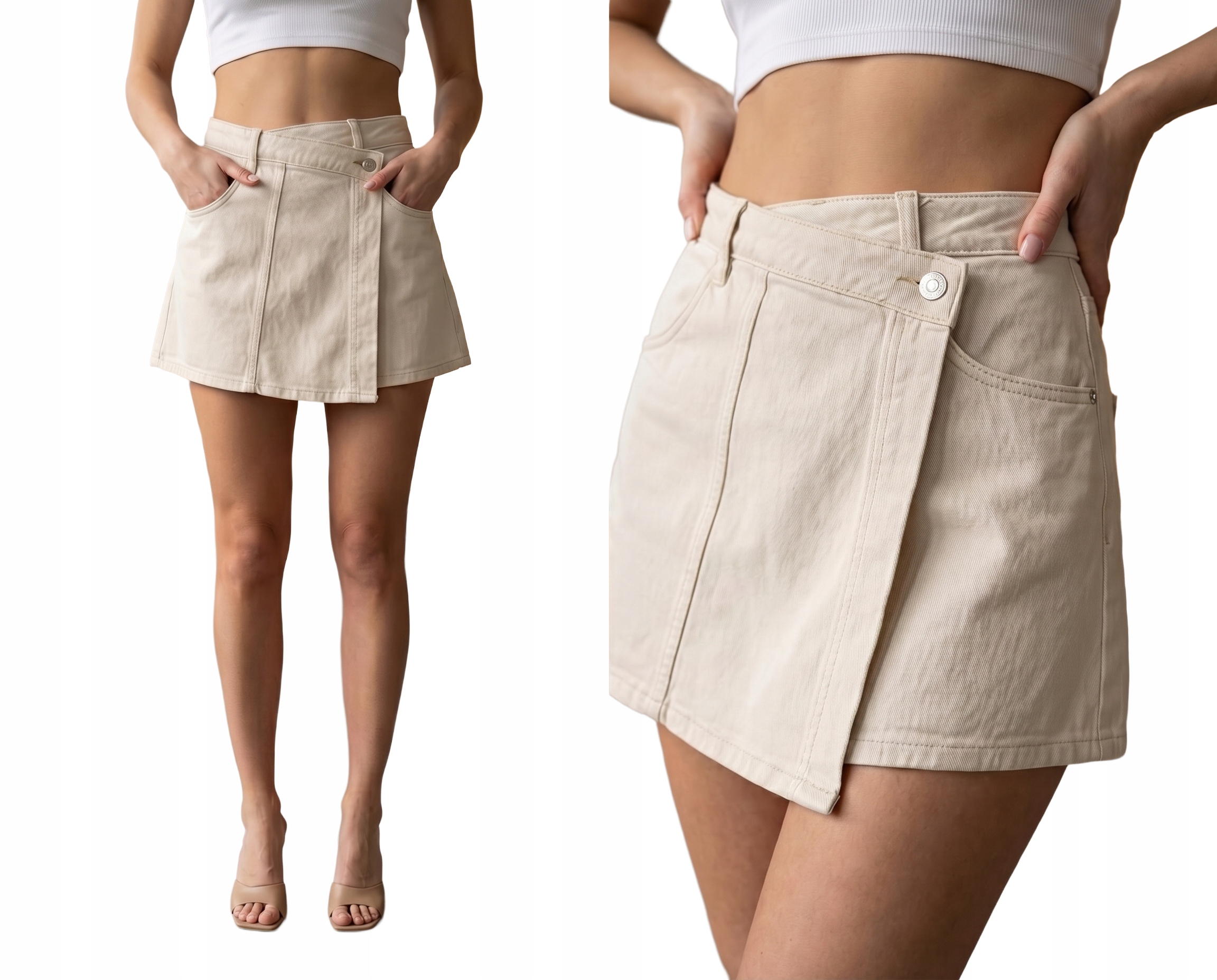 Spódnico Spodenki Shorty Mini Jeansowe Wysoki Stan Modne Beżowe Lato XL