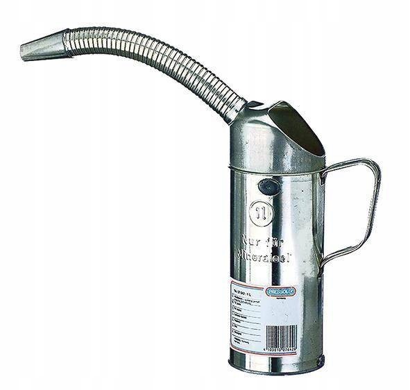 Odměrka, z bílého plechu, s flexibilním trubka výtoku.