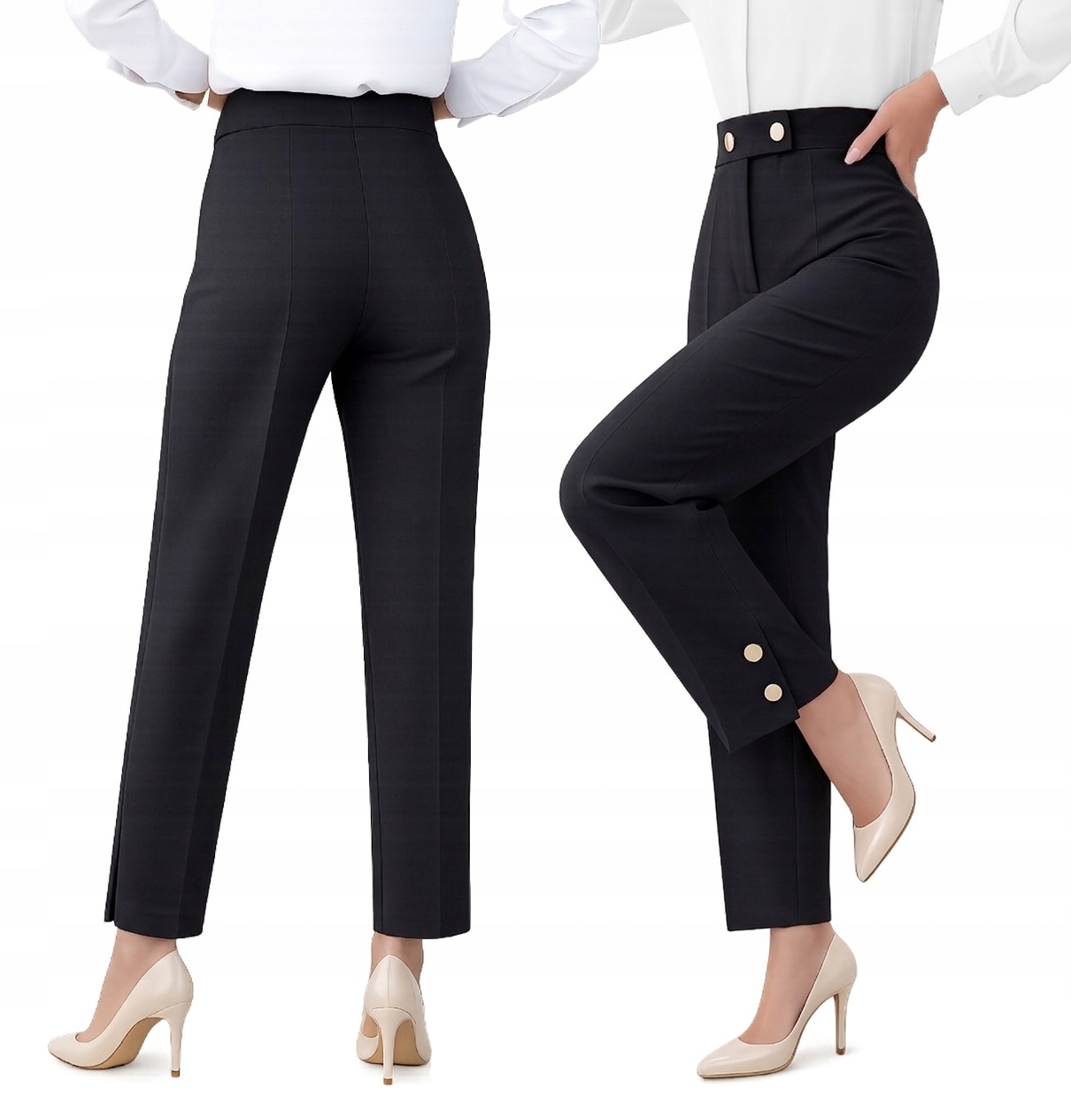 Elegantní jednoduché doutníkové kalhoty 7/8 Sigma s knoflíky, černá, velikost 40