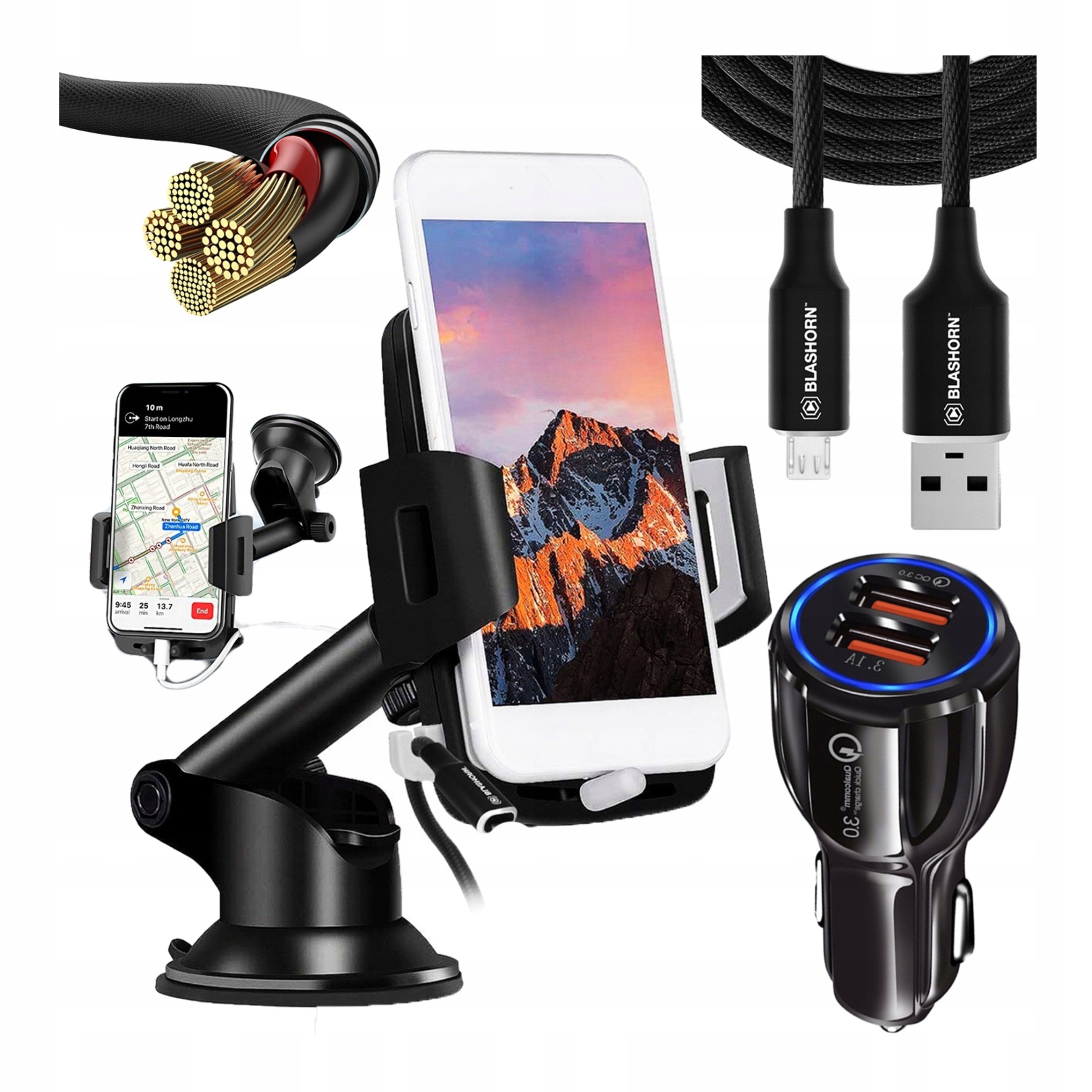 Držák telefonu do auta na sklo Kabel Micro Usb 1.2 m Silná nabíječka