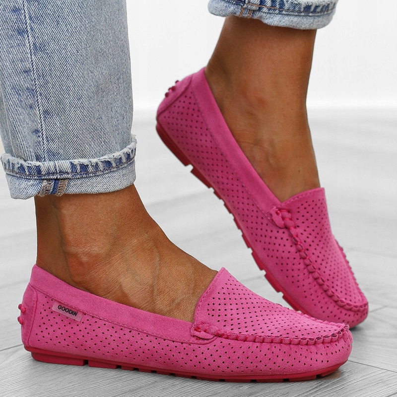 Różowe fuksjowe mokasyny damskie zamszowe ażurowe półbuty