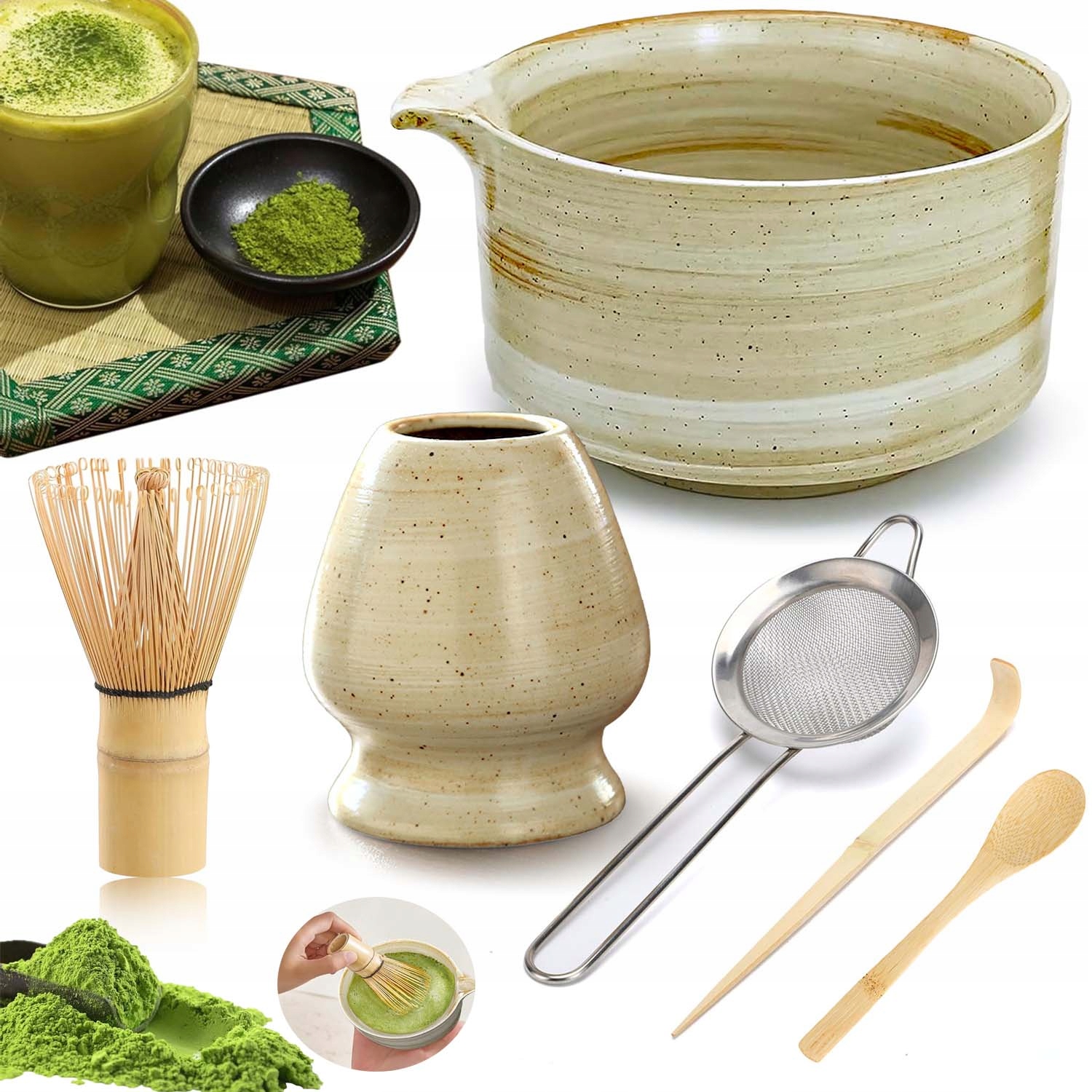 Levně Dárková Sada Na Čaj Matcha Šálek Metlička Podstavec Lžička 6V1