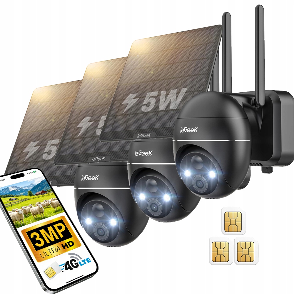 3 kusy Venkovní Solární Otočná Kamera Na Sim Kartu 4G 3MPx 4x Zoom