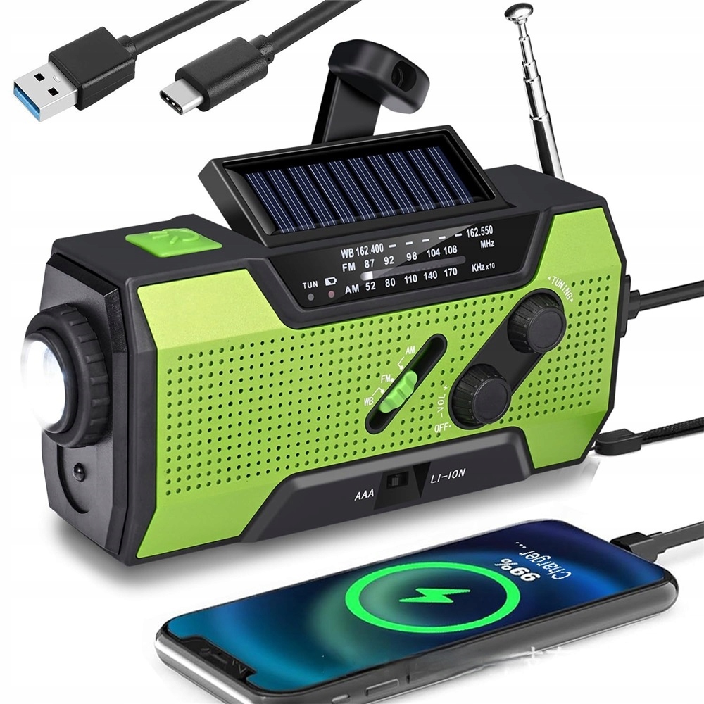 Radio Przenośne Solarne Korbka Alarm Dynamo Awaryjne Latarka Powerbank 3w1