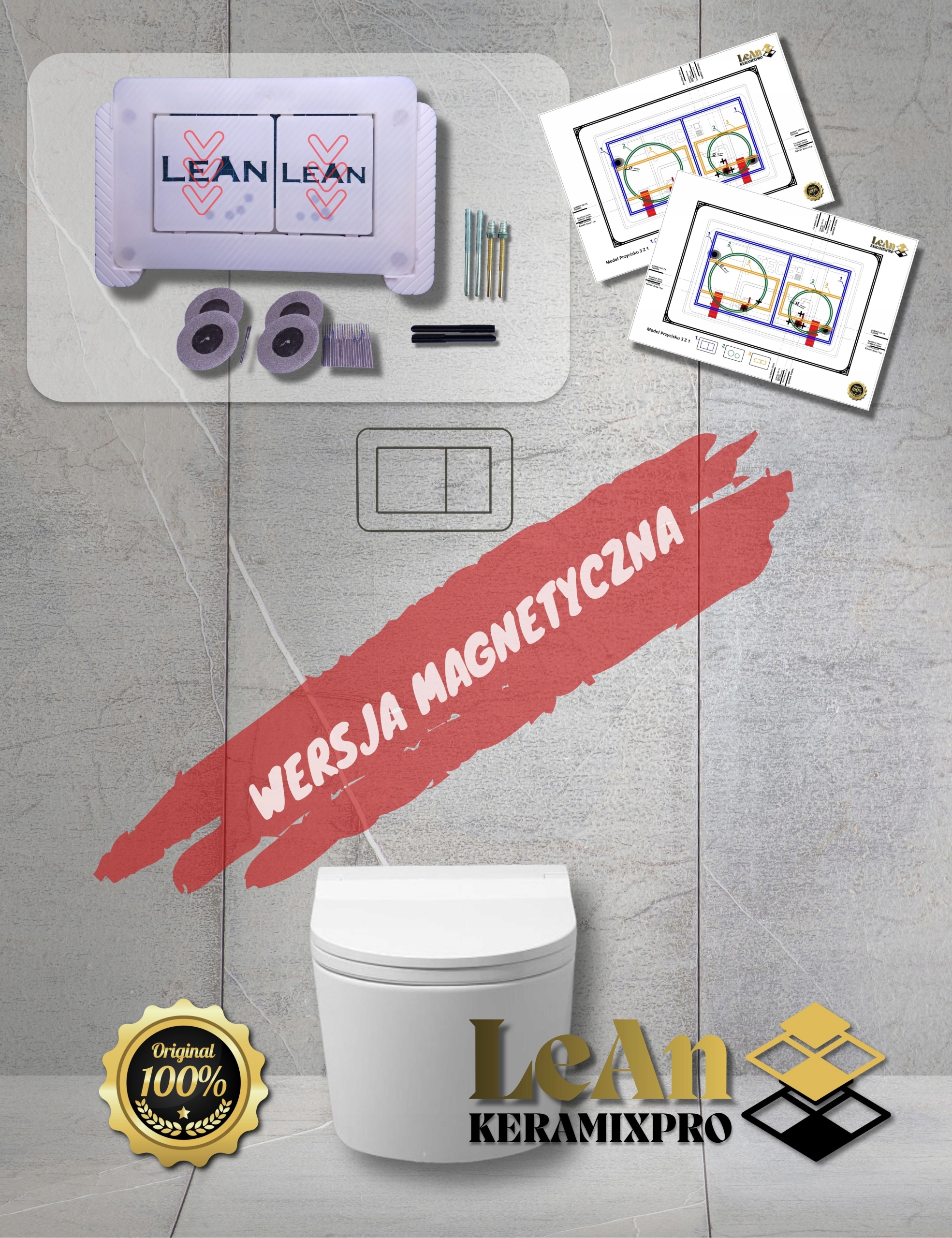 Skrytý magnetický splachovací gombík, biely pre svetlé dlaždice