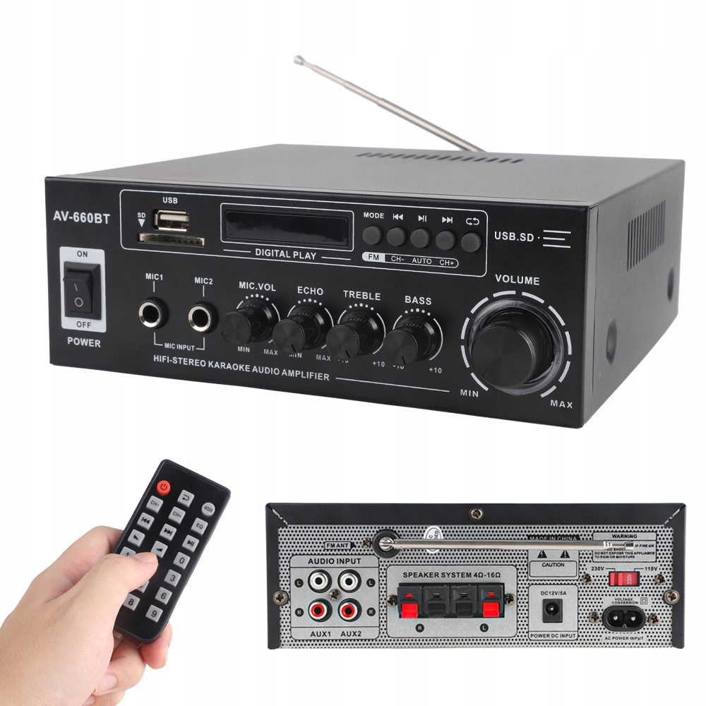 Amplituner Stereo Zesilovač Bluetooth Usb Sd Fm rádio MP3 230V/12V 3000W