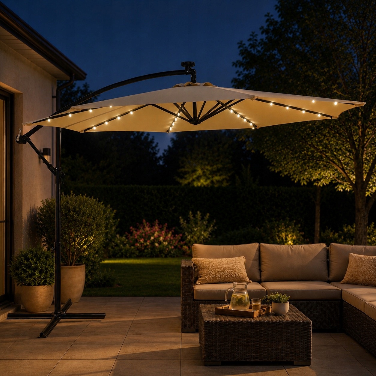 Záhradný Slnečník Závesný 3,5 m Led solárny, nastaviteľný, béžový