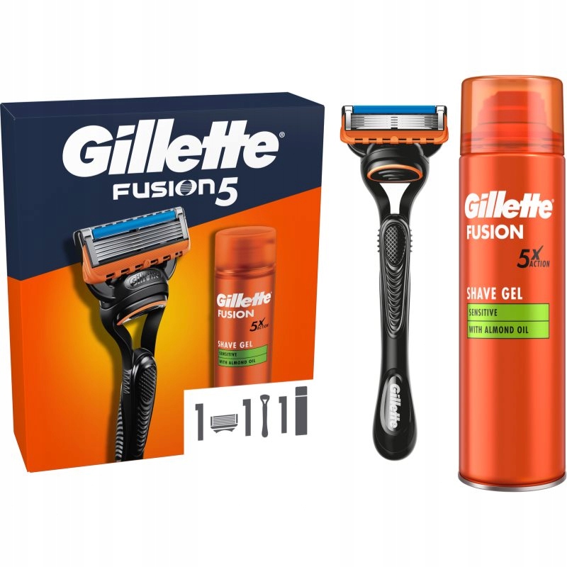 Gillette Fusion dárková sada pro muže, holicí strojek s 5 břity gel na