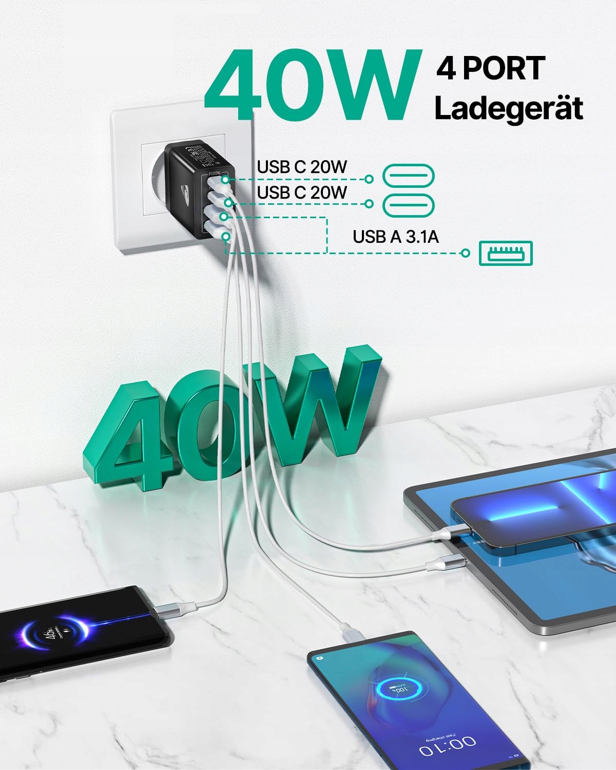 AIONEUS Ładowarka USB C 40W 4-Port Szybkie Ładowanie PD 3.0 Adapter — miniatura 2