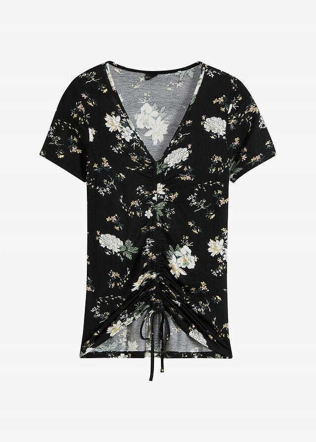 BLUZKA ZE ŚCIĄGACZEM KWIATY__48/50 Fason dopasowany