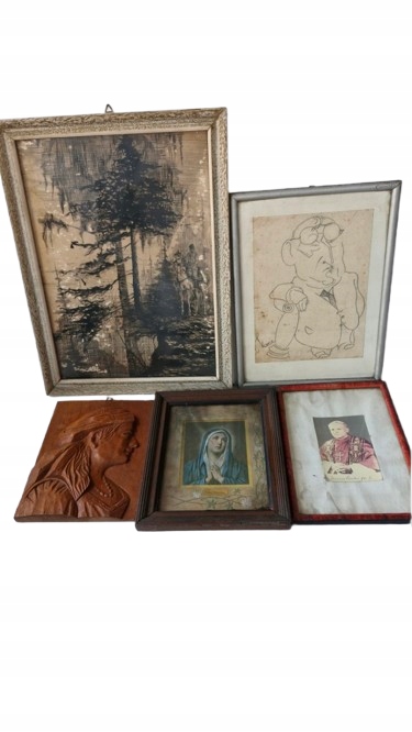 ZESTAW OBRAZÓW NA KARTONIE I IKON MATKA BOSKA PAPIEŻ ANTYKI SZKICE OBRAZY