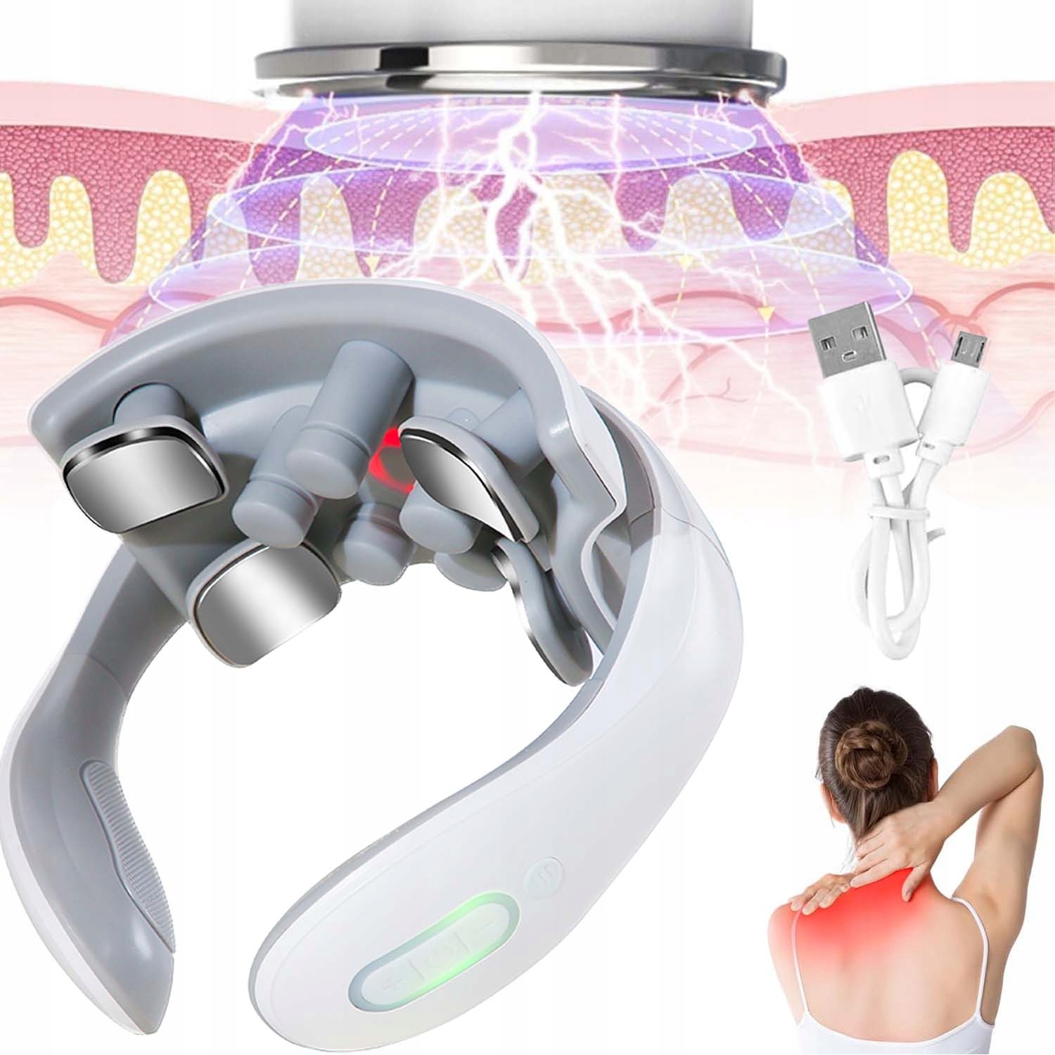 Czterogłowicowy Masażer Szyi,15 Ustawień Prędkości, Uśmierzanie Bólu, Biały