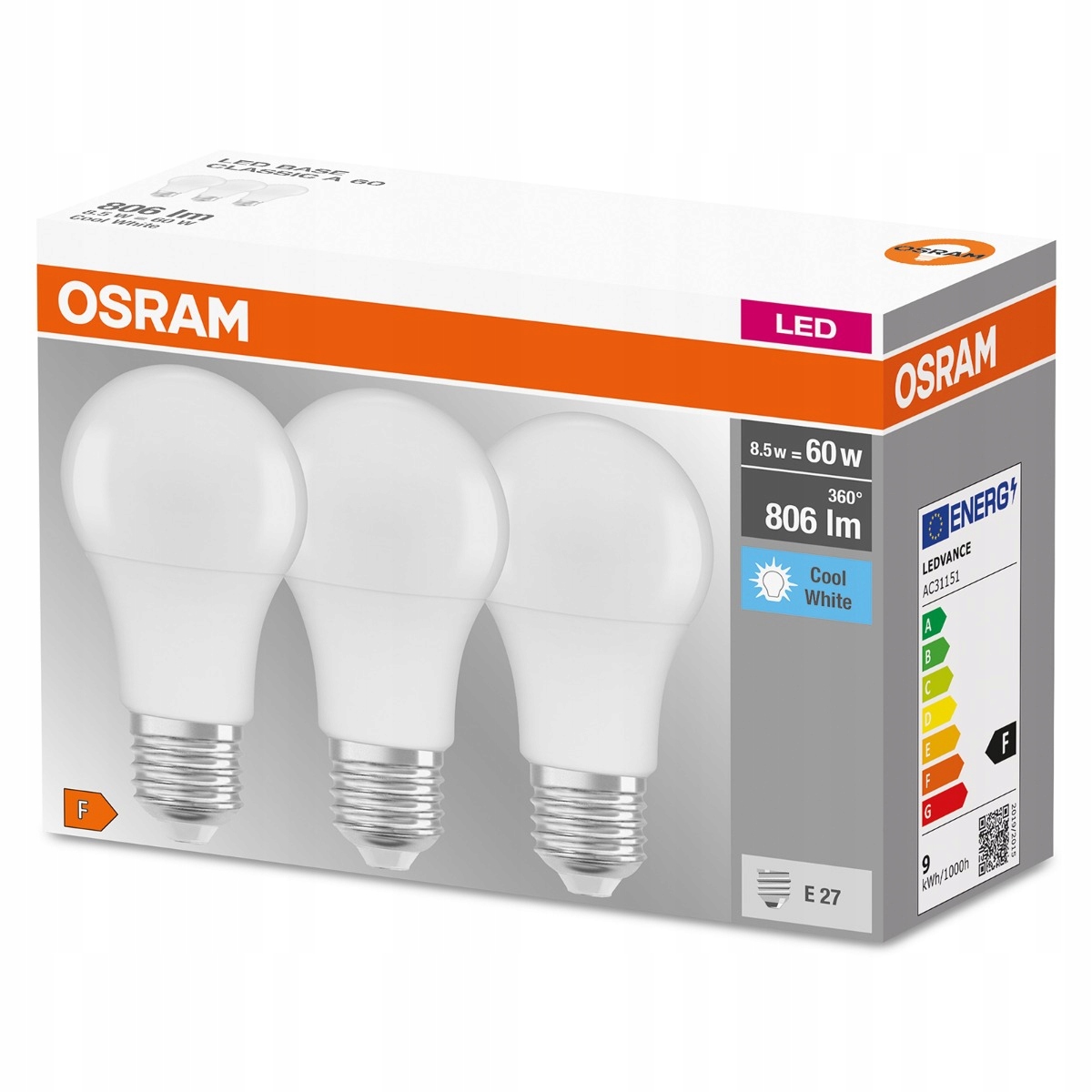3x Żarówka LED E27 A60 8,5W 60W 806lm 4000K OSRAM Kod producenta 20357701