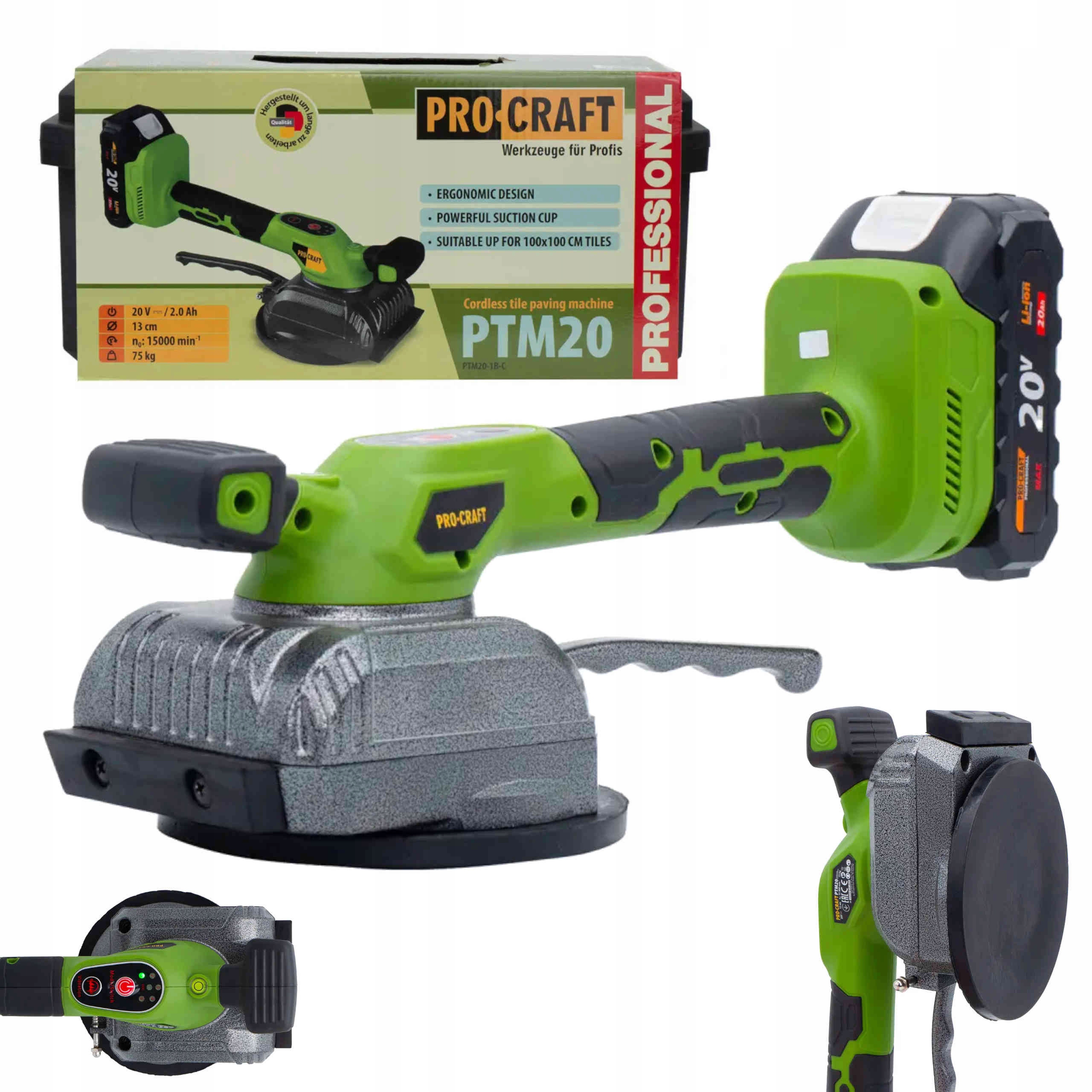 Procraft PTM201BC Przyssawka wibracyjna akumulatorowa 130mm 75kg 1x2.0Ah