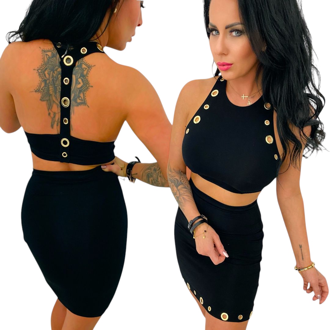 Sexy komplet top sukně boxerka zlatá očka přiléhavý elastický L 40