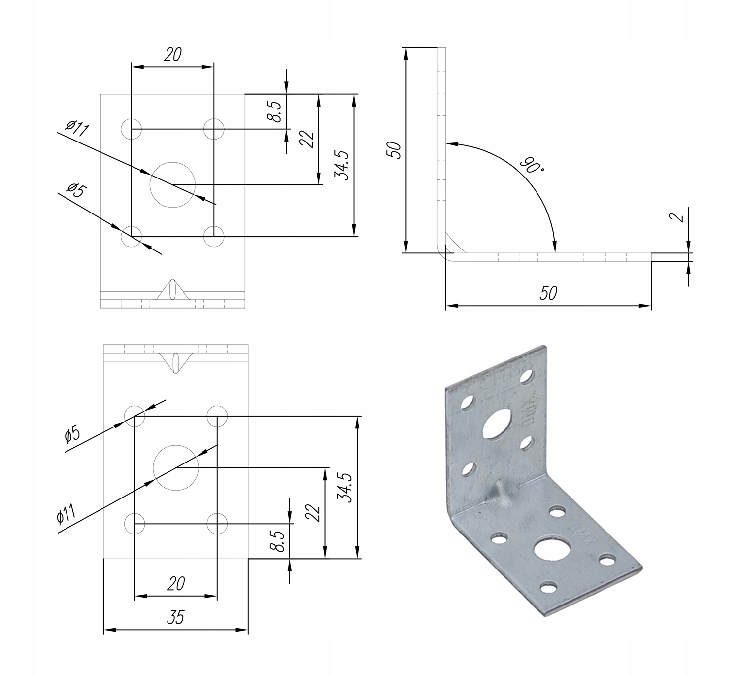 LEKKI KĄTOWNIK MONTAŻOWY ŁĄCZNIKOWY CIESIELSKI ŁĄCZNIK 50x50x35x2,0 MM Grubość 2 mm
