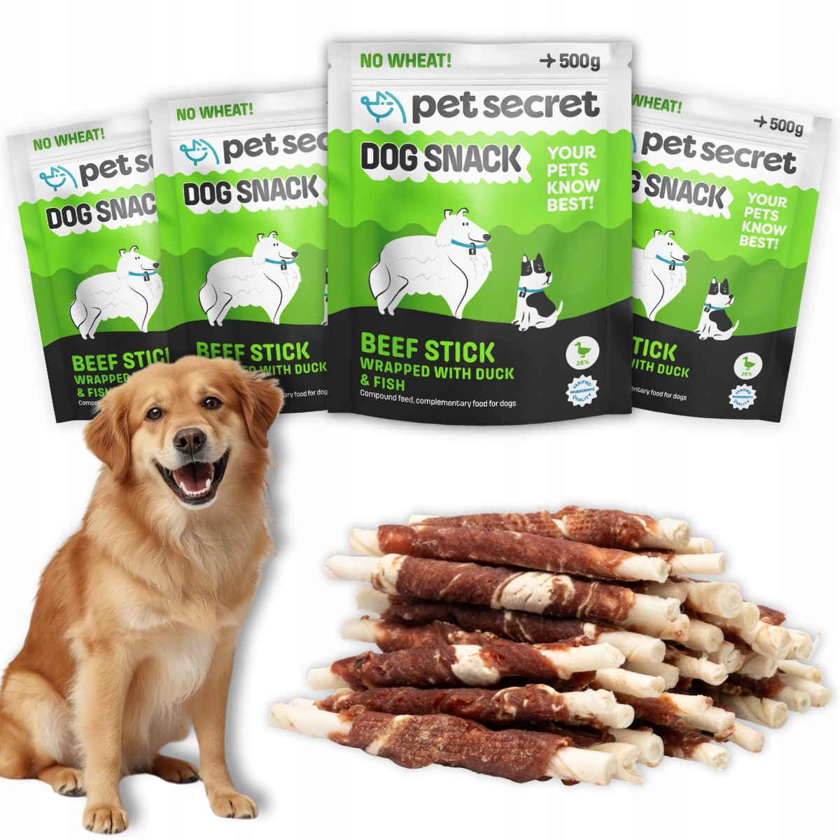 Pochoutky pro psa 4x500 g Hovězí tyčinky z kachního a rybího masa Pet Secret