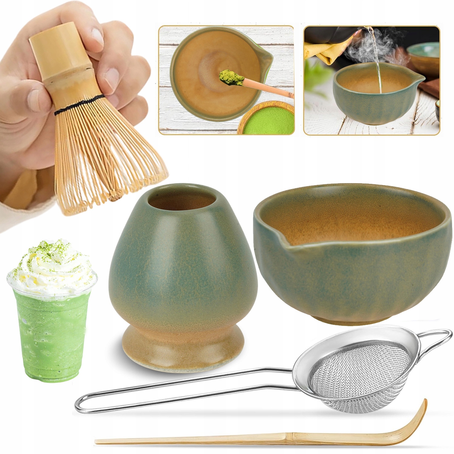 Levně Bambusová Sada Na Přípravu Matcha Metlička Lžička Sítko Miska Matcha 5 Ks