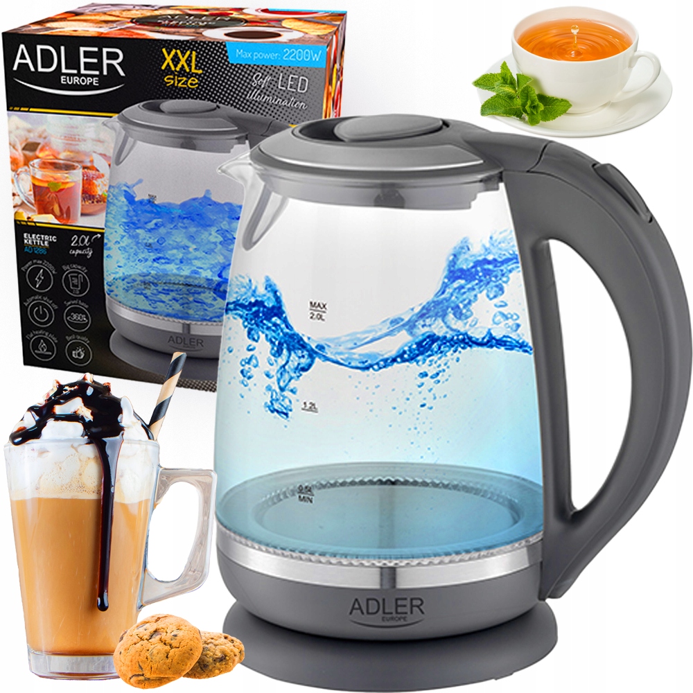 Czajnik Szklany Adler AD 1286 2,0L LED Obrotowa Podstawa 2200W