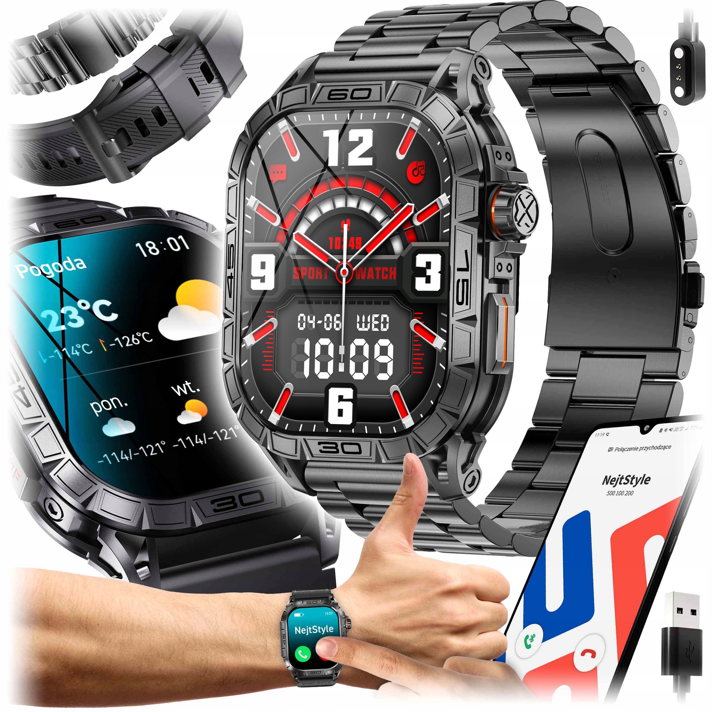 SMARTWATCH MĘSKI ZEGAREK POLSKIE MENU ROZMOWY SMS SPORT PULS WATCH Z AMOLED