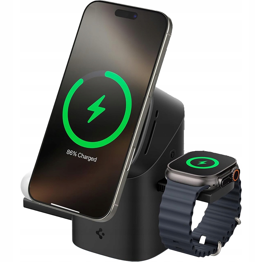 Nabíječka 3v1 Spigen Essentials 22.5W Qi2 rychlá pro hodinky a sluchátka malá