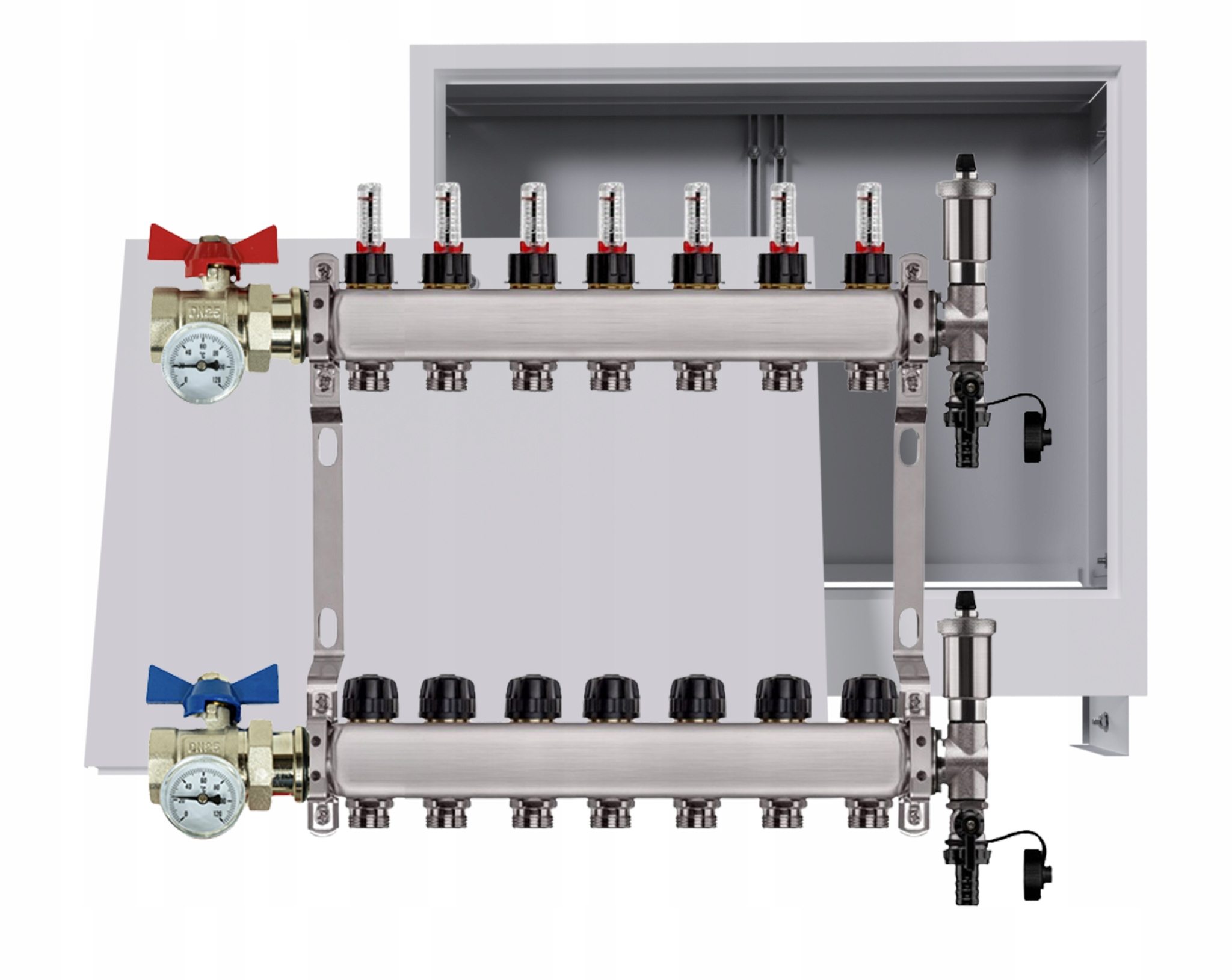 Rozdělovač nerezový Podlahovky 7 okruhů Podomítková skříň Ventily