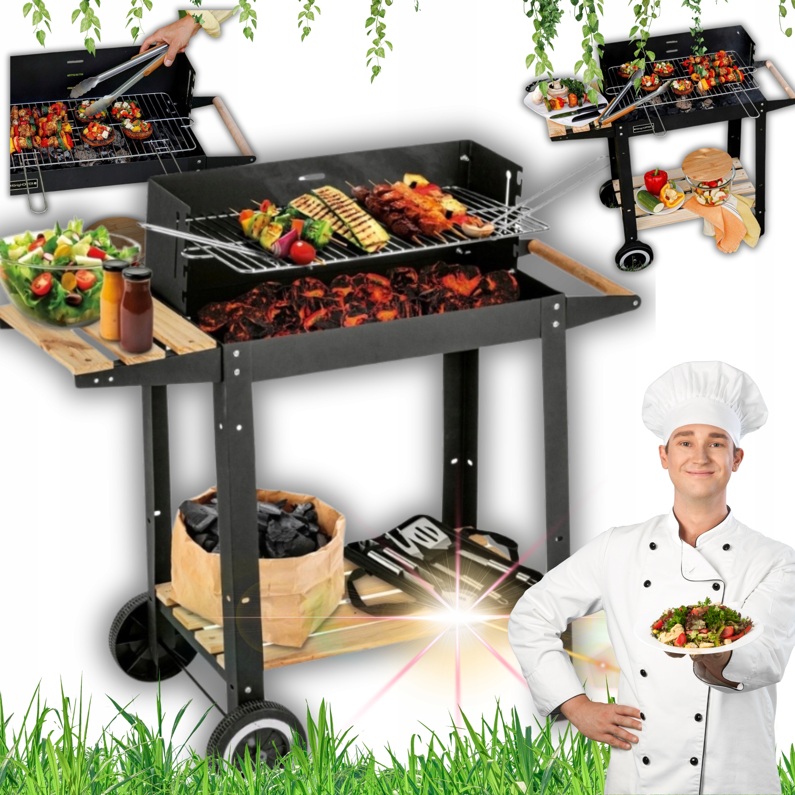 Zahradní Gril Na Uhlí Turistický Chromovaný Rošt Police Kolečka Bbq Premium