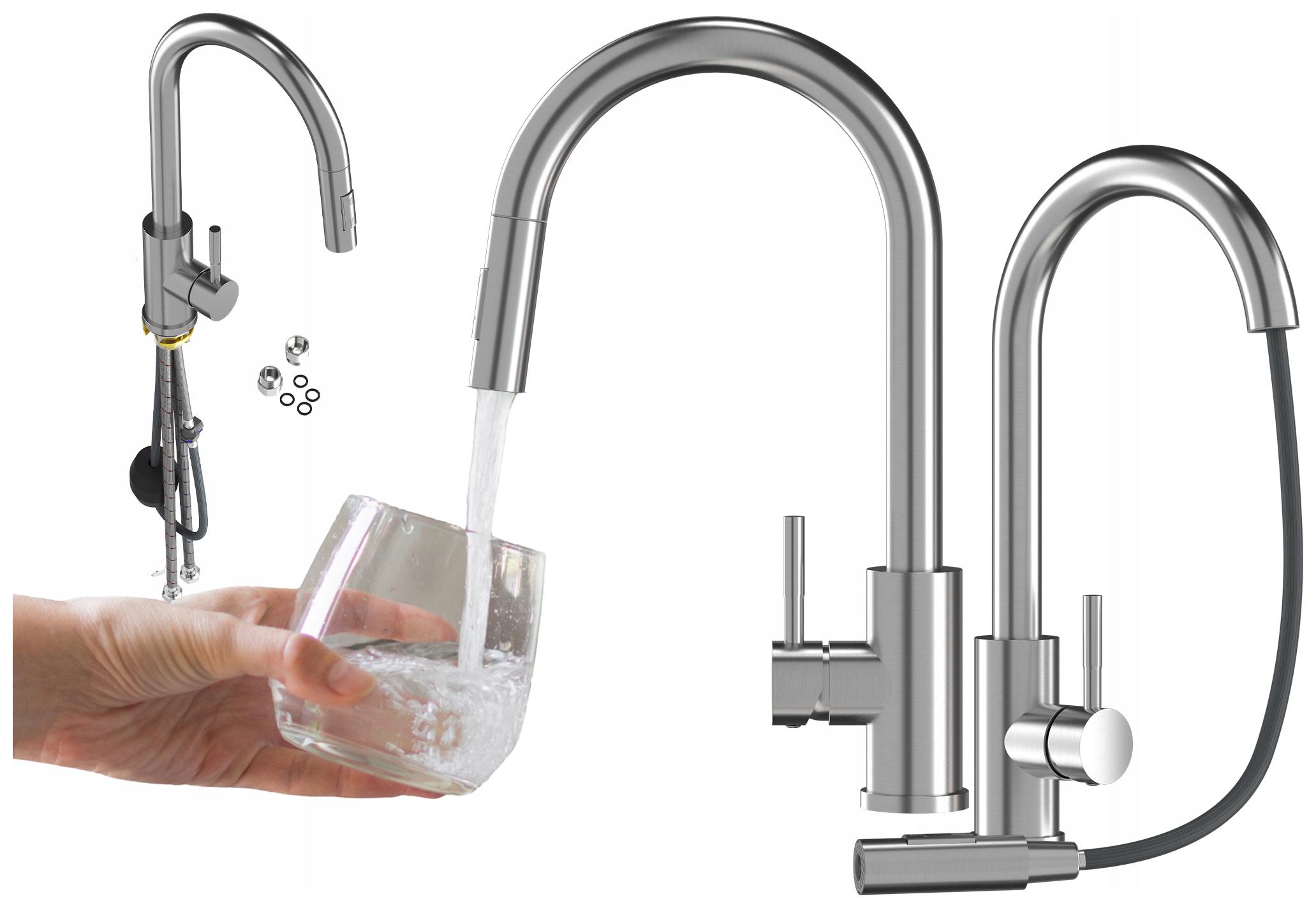 Kuchynská Batéria s výsuvným výtokom, chrómovaný Inox, stojanový kohútik Loseto