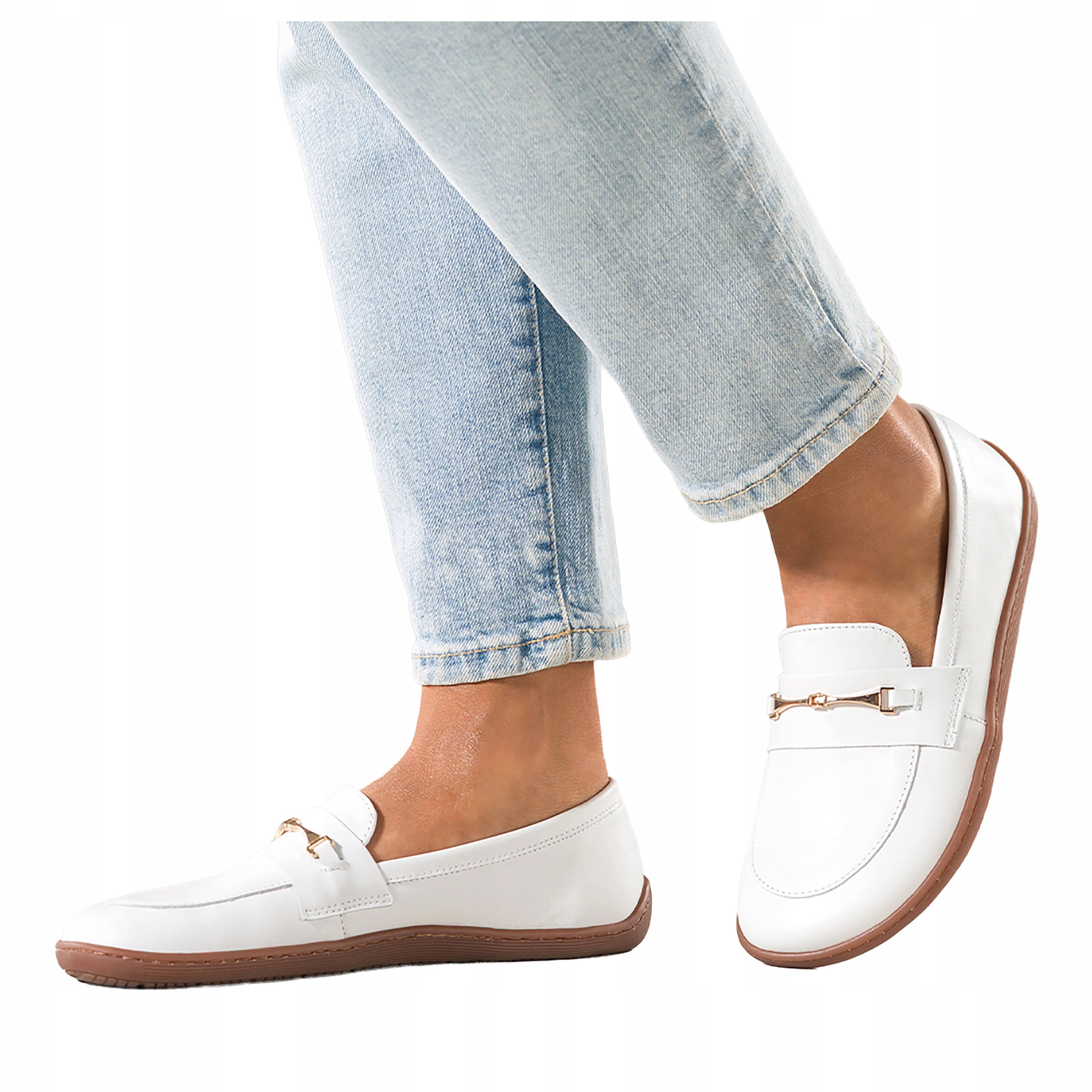 Mokasíny Bílé Dámské Kožené Zlaté Spona Pohodlné Barefoot Módní vel 37