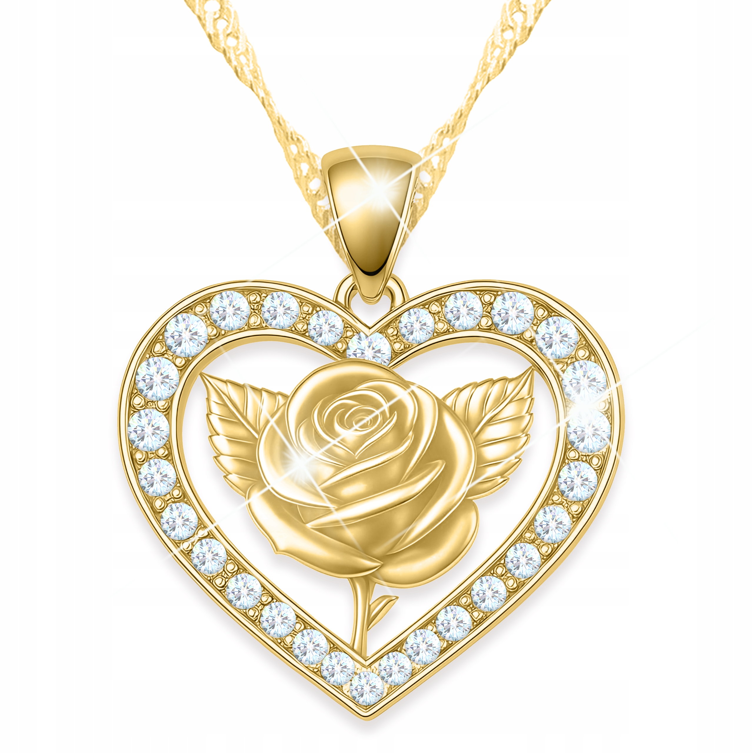 Zlatý náhrdelník Srdce s růží Srdíčko s bílými zirkony Stříbro 925