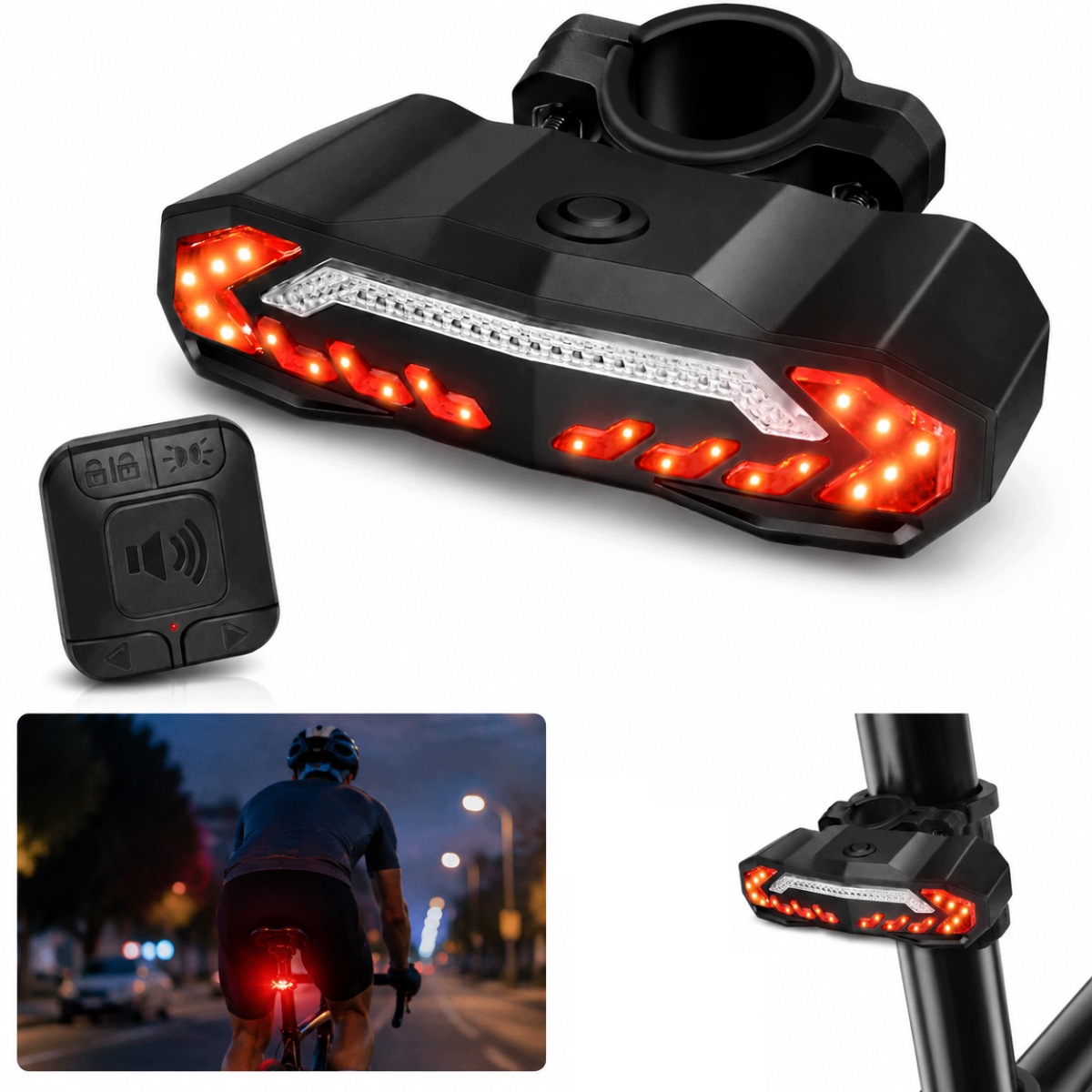 Lampka Led Tylna Rowerowa Z Kierunkowskazami, Alarmem I Pilotem