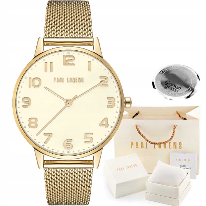 Dámské hodinky Paul Lorens Elnino zlatý ciferník s čísly – síťovina