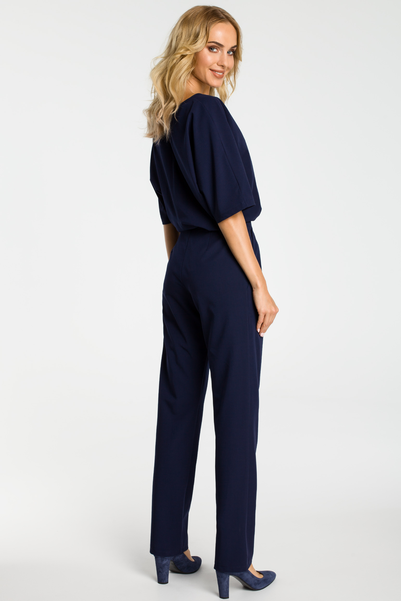 ELEGANCKI DAMSKI KOMBINEZON KOBIECY DŁUGIE NOGAWKI PIĘKNY GRANATOWY 38 M Kolor niebieski