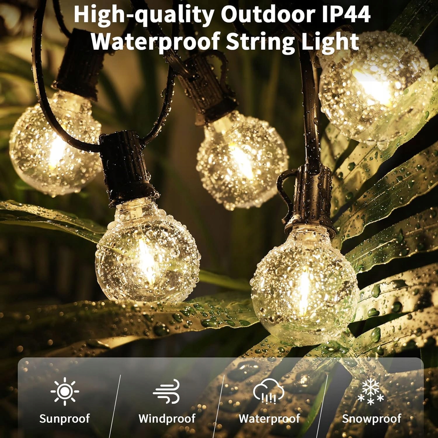 YUUCIO Lampki LED Zewnętrzne 60M 100+4 Żarówki Plastikowe IP44 2700K — miniatura 7