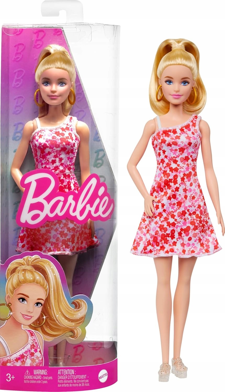 LALKA BARBIE FASHIONISTAS HJT02 MODNA BLONDYNKA SUKIENKA W KWIATKI CZERWONA