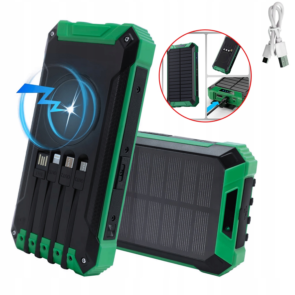 Solární Powerbanka Usb 10000 Mah Se Svítilnou, 4 Kabely, Rychlé Nabíjení