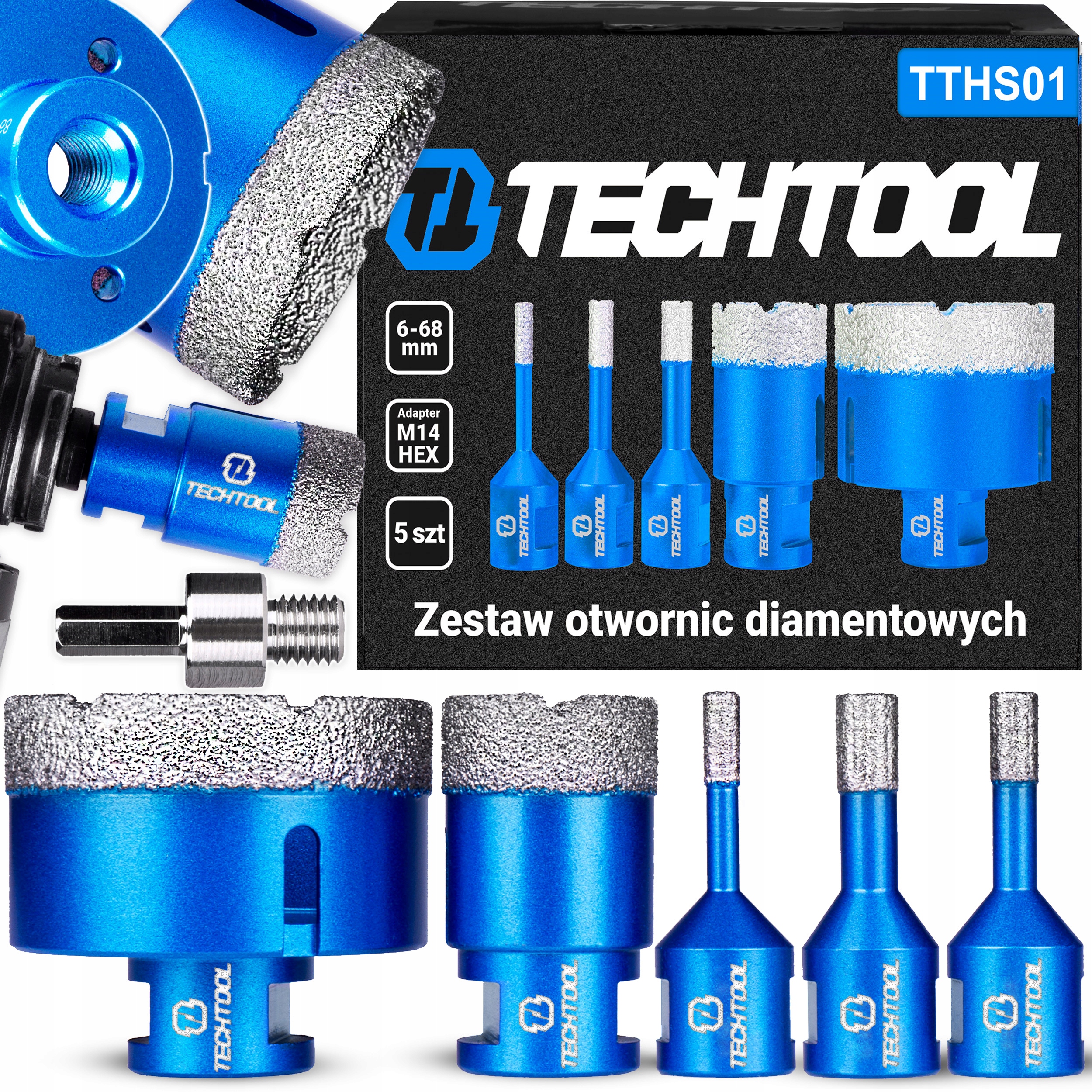 Otwornica Do Betonu Gresu Puszek Diamentowa Koronki Zestaw 6-68 MM M14 5SZT
