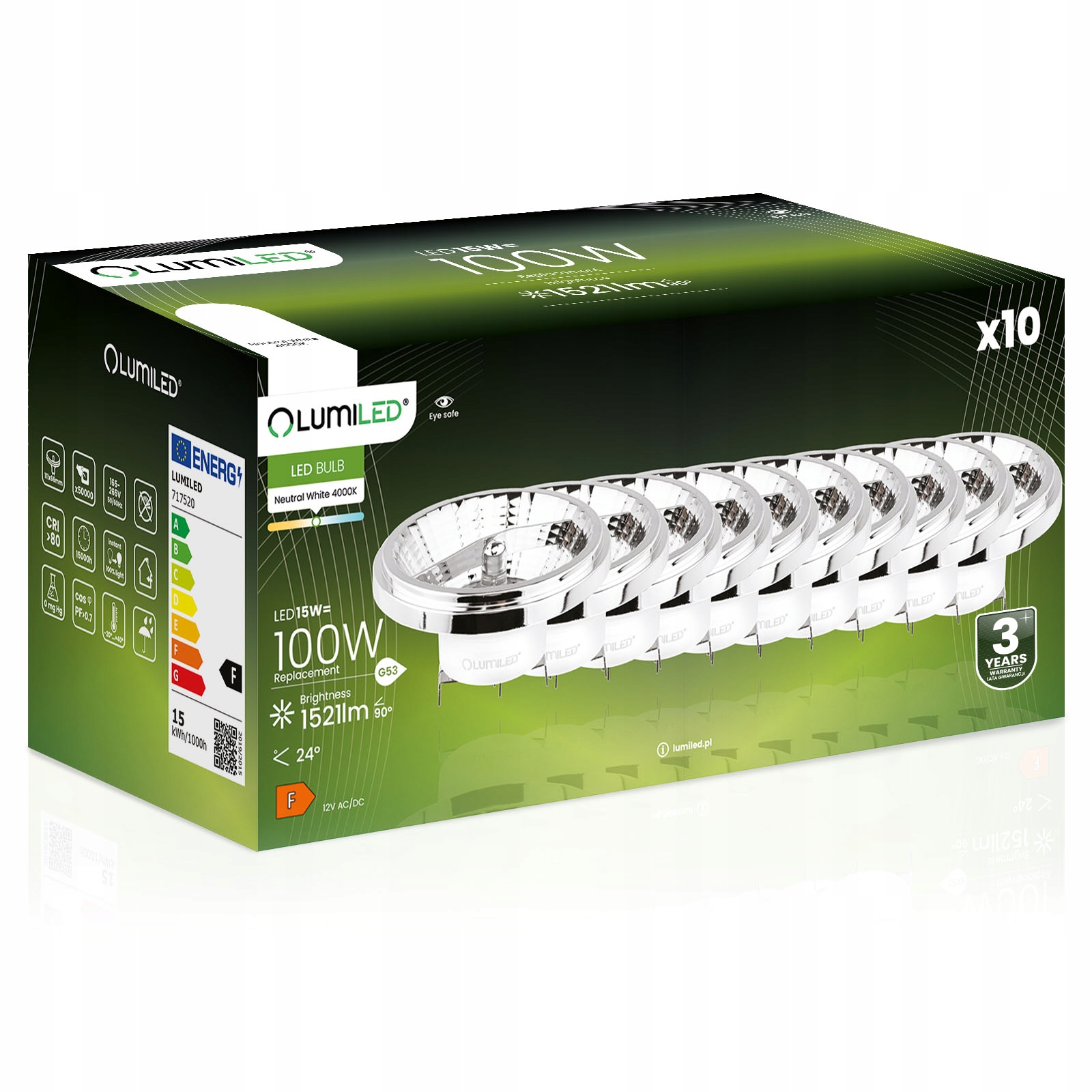 10x Led žiarovka G53 AR111 15W 100W 1521lm 4000K 24° 12V strieborná Lumiled